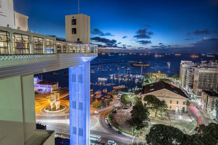 Exploring Salvador, Bahia's Mercado Modelo. The Lacerda elevator at night.