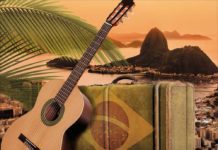 Album cover art for 'Lovely Jazz Bossa Nova', depicting acoutstic guitar and Brazilian flag suitcase with Sugarloaf mountain the the backgorund