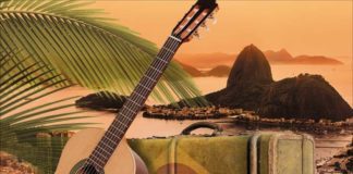 Album cover art for 'Lovely Jazz Bossa Nova', depicting acoutstic guitar and Brazilian flag suitcase with Sugarloaf mountain the the backgorund