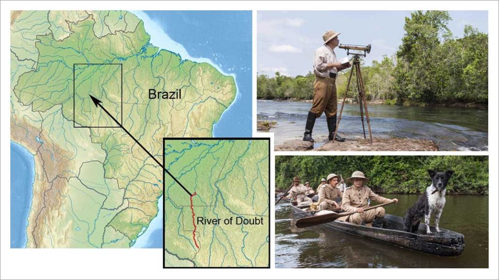 Roosevelt's River of Doubt. A collage of images from the miniseries O Hospede Americano with map of the rivers location.