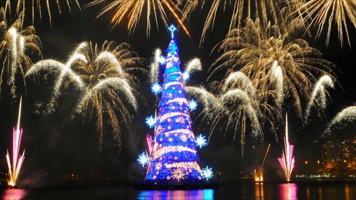 Rio de Janeiro's floating Chritsmas trees with fireworks at night