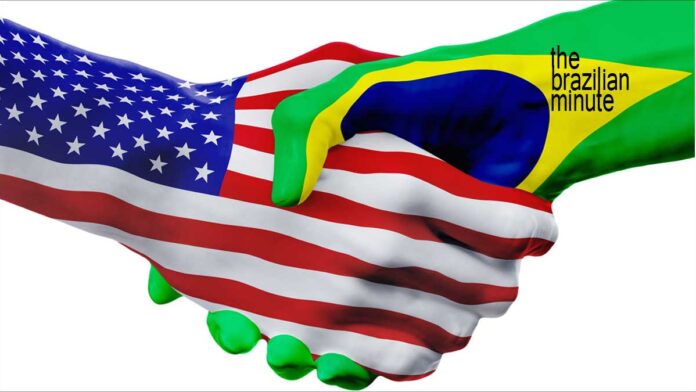 The USA's friendship with Brazil: Hands painted with the US and Brazilian flags