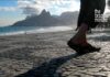 Brazil's history of Samba and Carnaval. Dancer's foot on Ipanema sidewalk in Rio de Janeiro