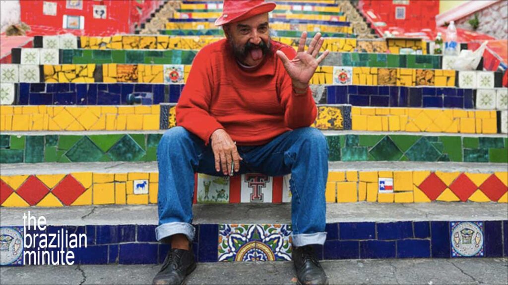 Explaining Rio's Selaron Steps. Artist Jorge Selaron sits on the colorful tiled steps that bear his name in Rio de Janeiro, Brazil.