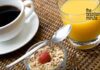 Brazil and your Breakfast. A white cup of black coffee and a glass of orange juice symbolize Brazil as the world leader in both.