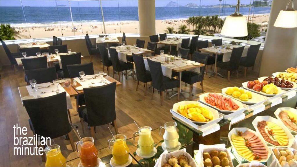 Brazil and your breakfast. A Breakfast Buffet with a tableside view of Ipanema beach in Rio de Janeiro, Brazil.