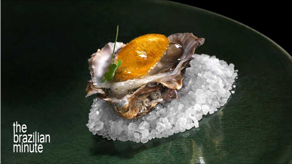 Alex Atalas Indigenous Cuisine: An oyster on the half shell with Amazonian Cupuacu  an ancestor of cocoa. 