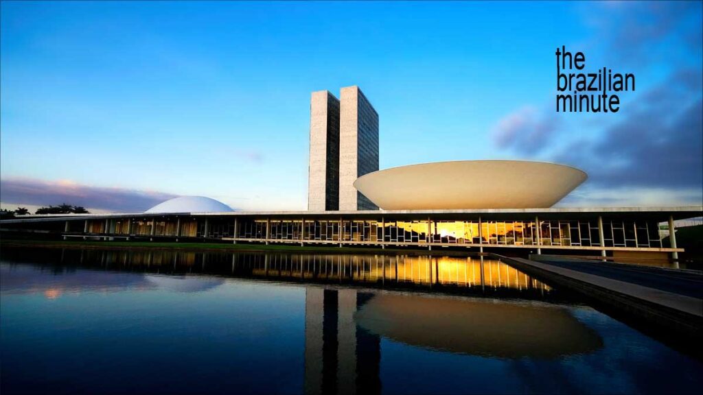 Understanding Brazilian Architect Oscar Niemeyer: The Story of Brasilia: Brazilian National Congress at Sunset, sits next to a reflecting pool.