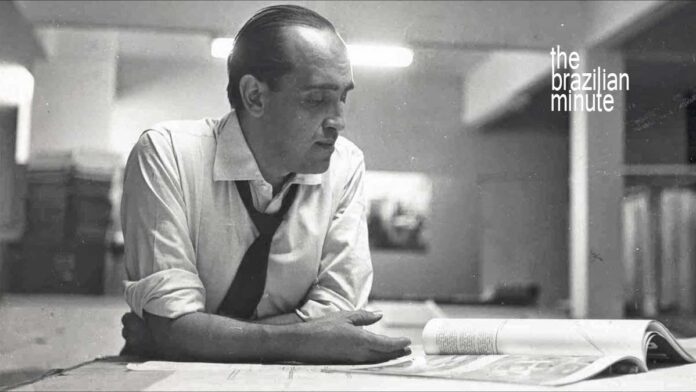 Understanding Brazilian Architect Oscar Niemeyer. A blacka nd white picute shows him at his design table.
